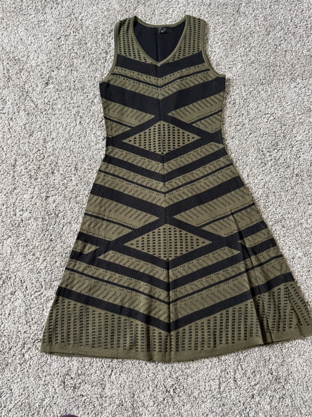 Sleeveless Olive and Black Patterned Fit-and-Flare Crochet Sweater Dress XS